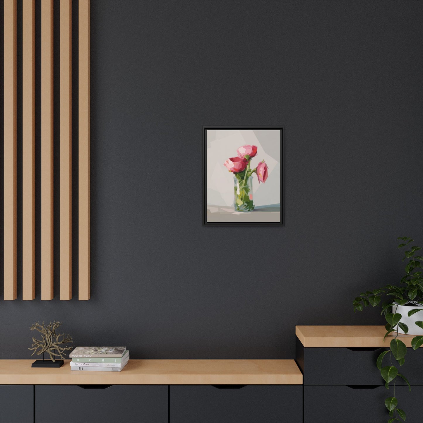 Framed Canvas Art — Pink Roses in Vase, Modern Floral Wall Print