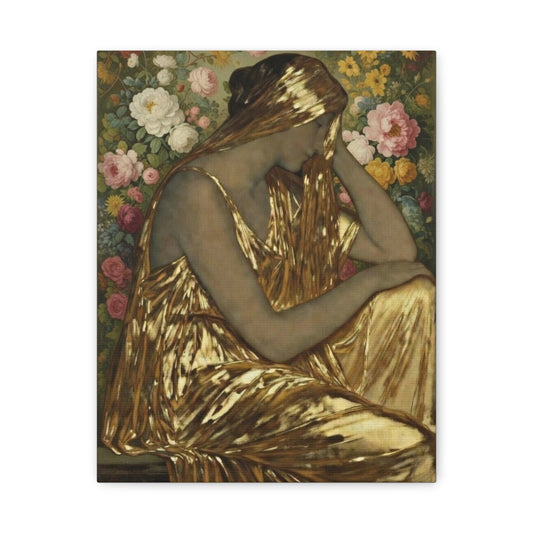 Golden Muse Canvas Print — Woman in Gold Floral Art (Stretched Matte)