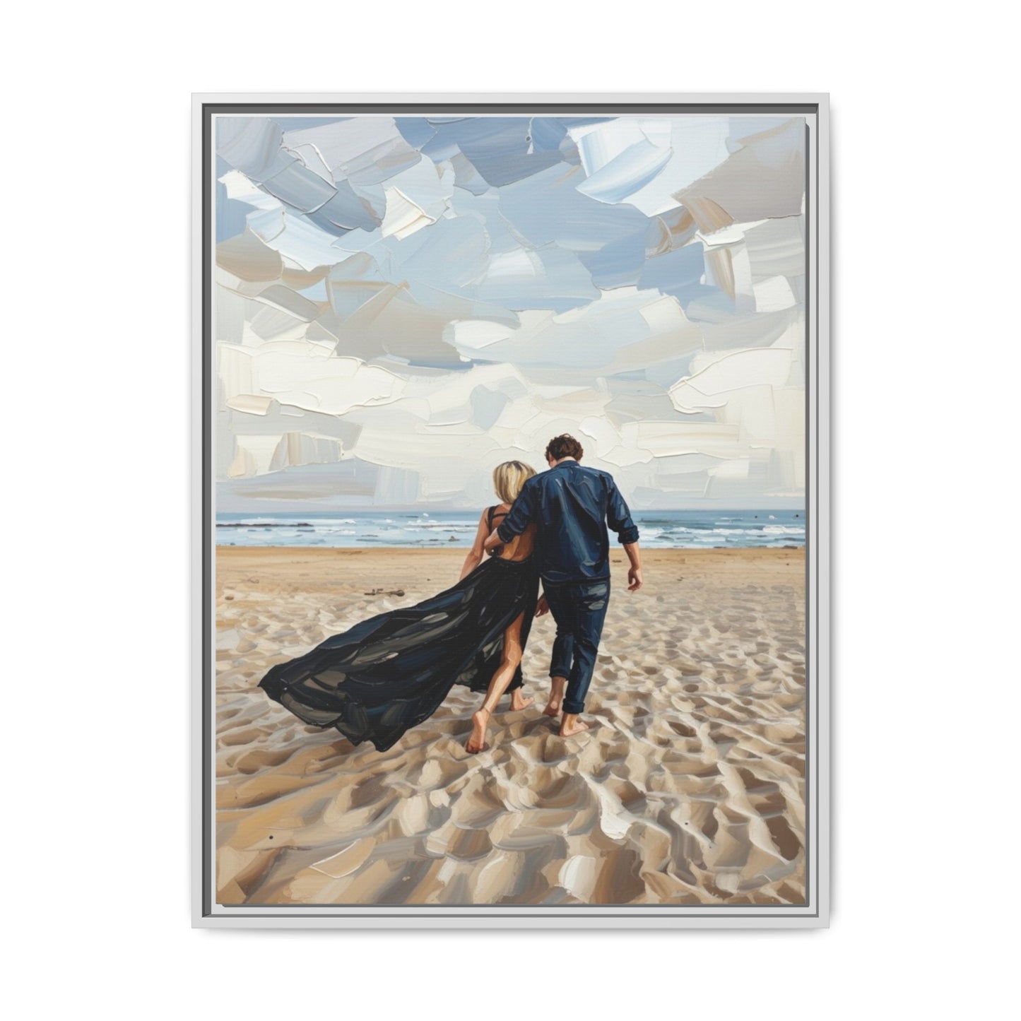 Framed Canvas Wall Art — Romantic Couple Walking on Beach Print