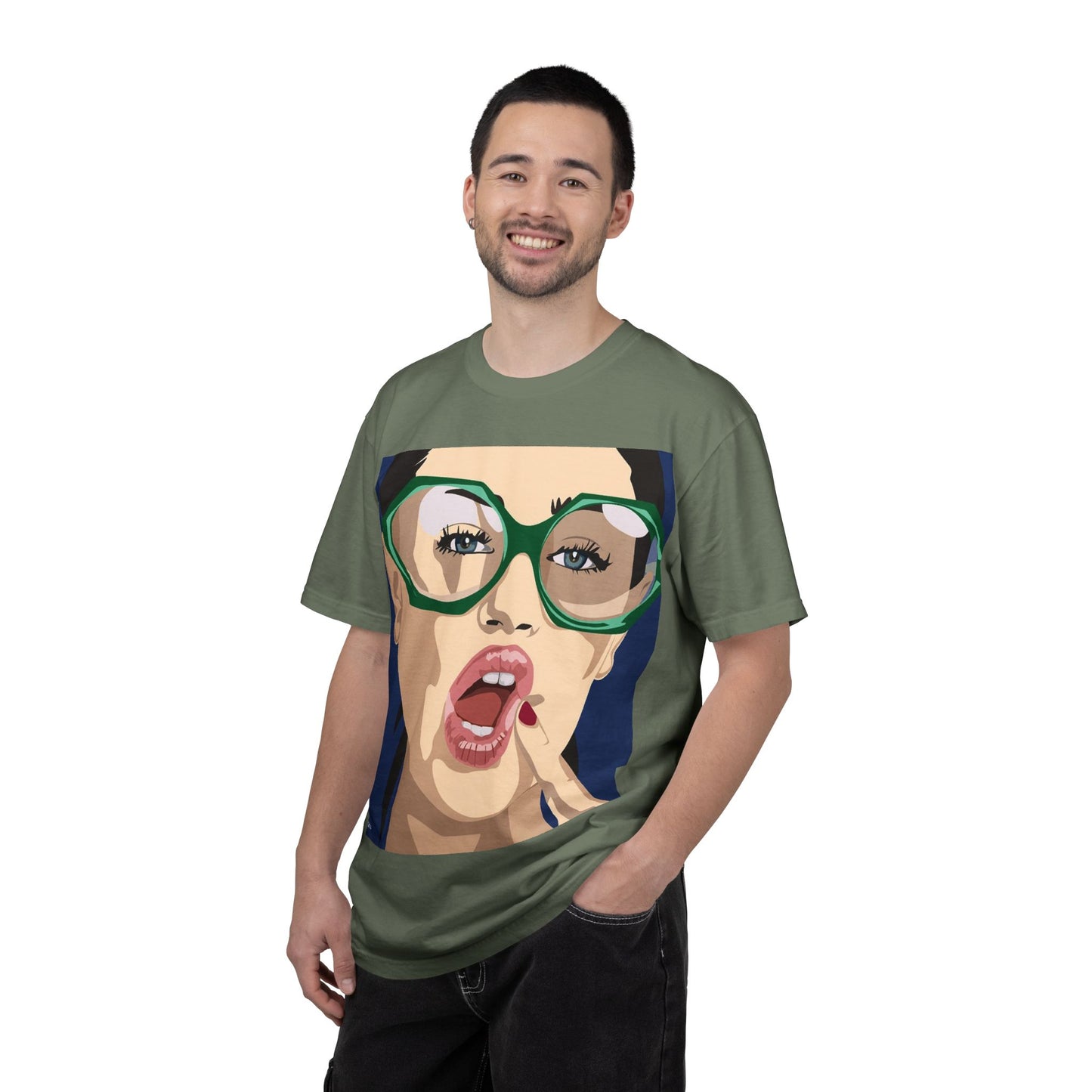 Pop Art Woman Graphic T‑Shirt — Retro Chic Green Glasses Design
