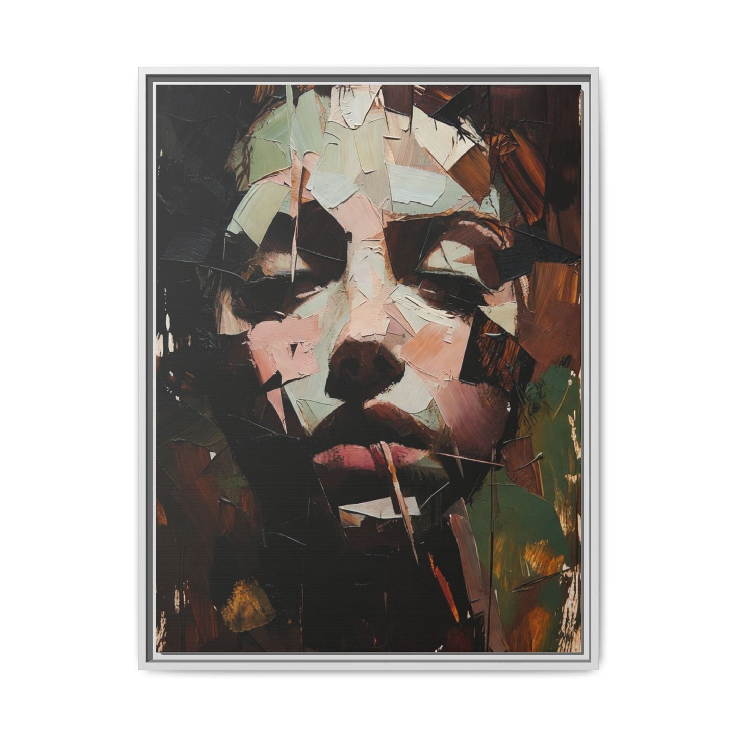 Matte Framed Canvas Art — Abstract Female Portrait, Moody Multicolor