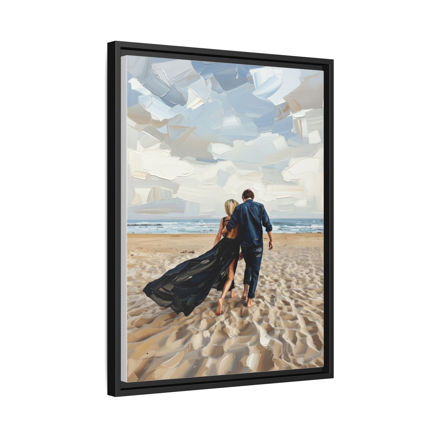 Framed Canvas Wall Art — Romantic Couple Walking on Beach Print