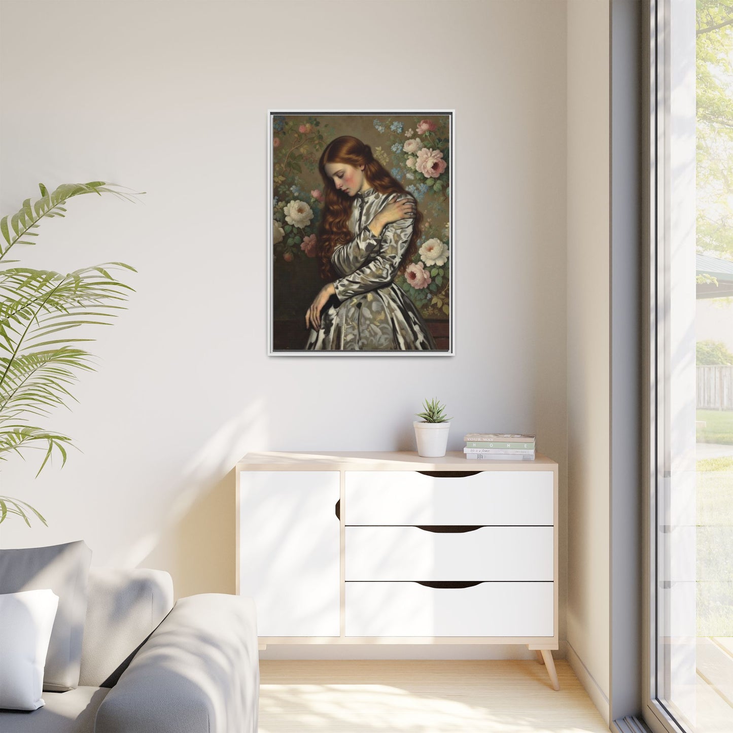 Framed Matte Canvas Art — Vintage Floral Portrait of a Young Woman