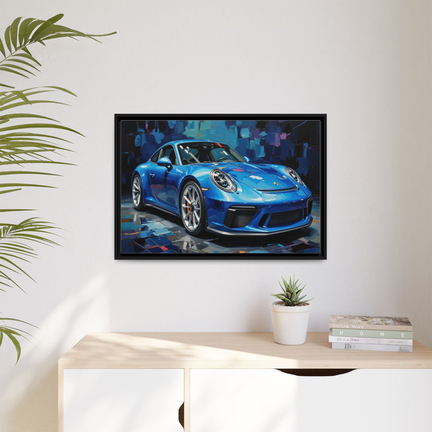 Blue Sports Car Matte Canvas Framed Print — Modern Automotive Wall Art