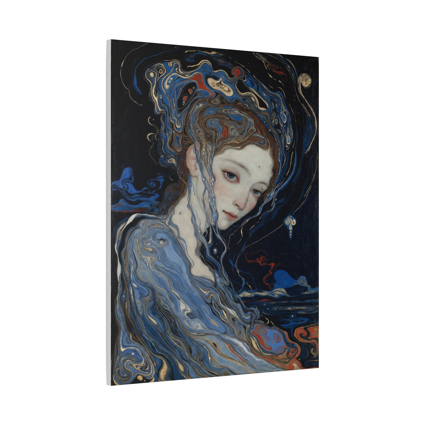 Ethereal Siren Matte Canvas Wall Art — Surreal Blue Portrait, Stretched 1.25"
