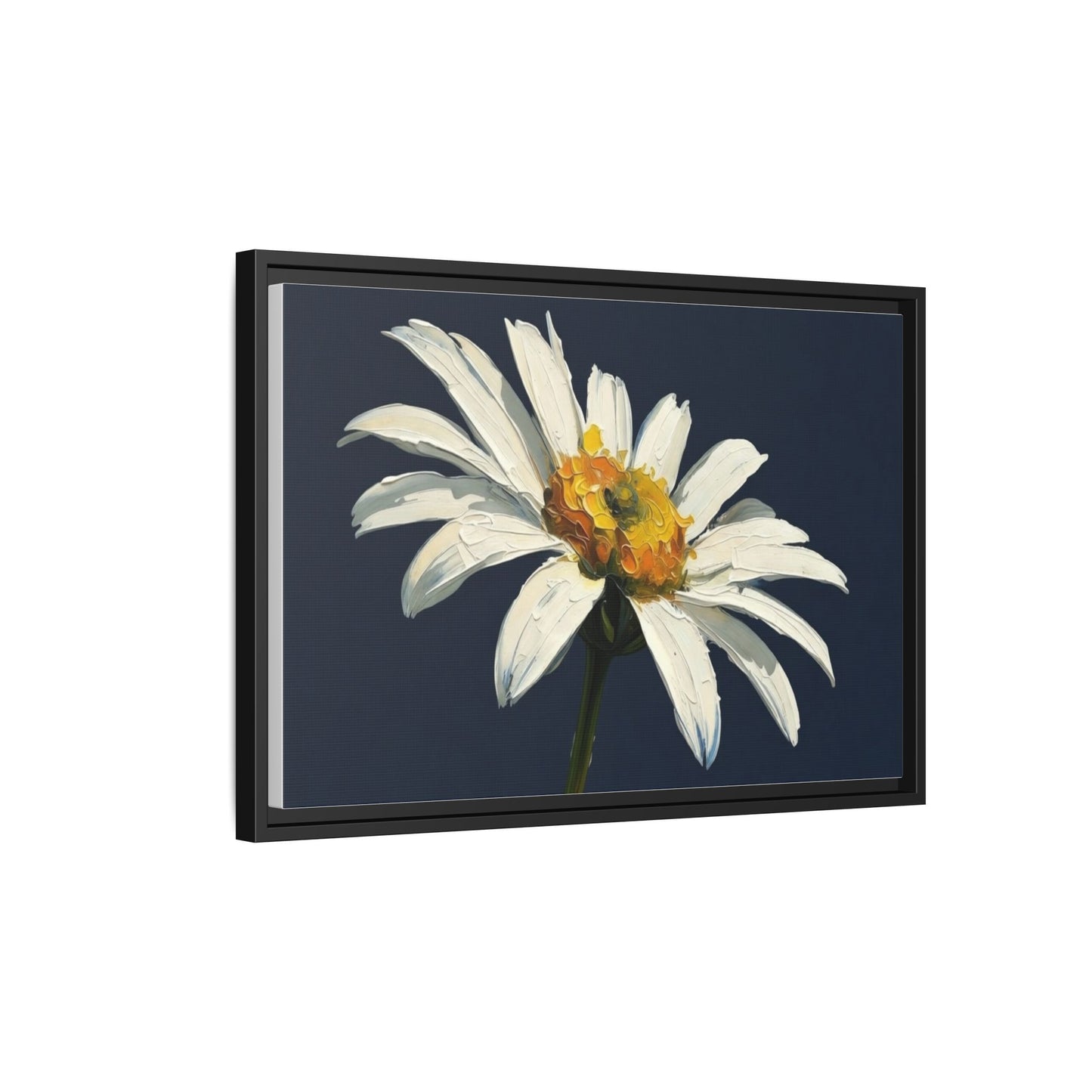 Framed Matte Canvas Daisy Wall Art — White Floral Painting on Navy