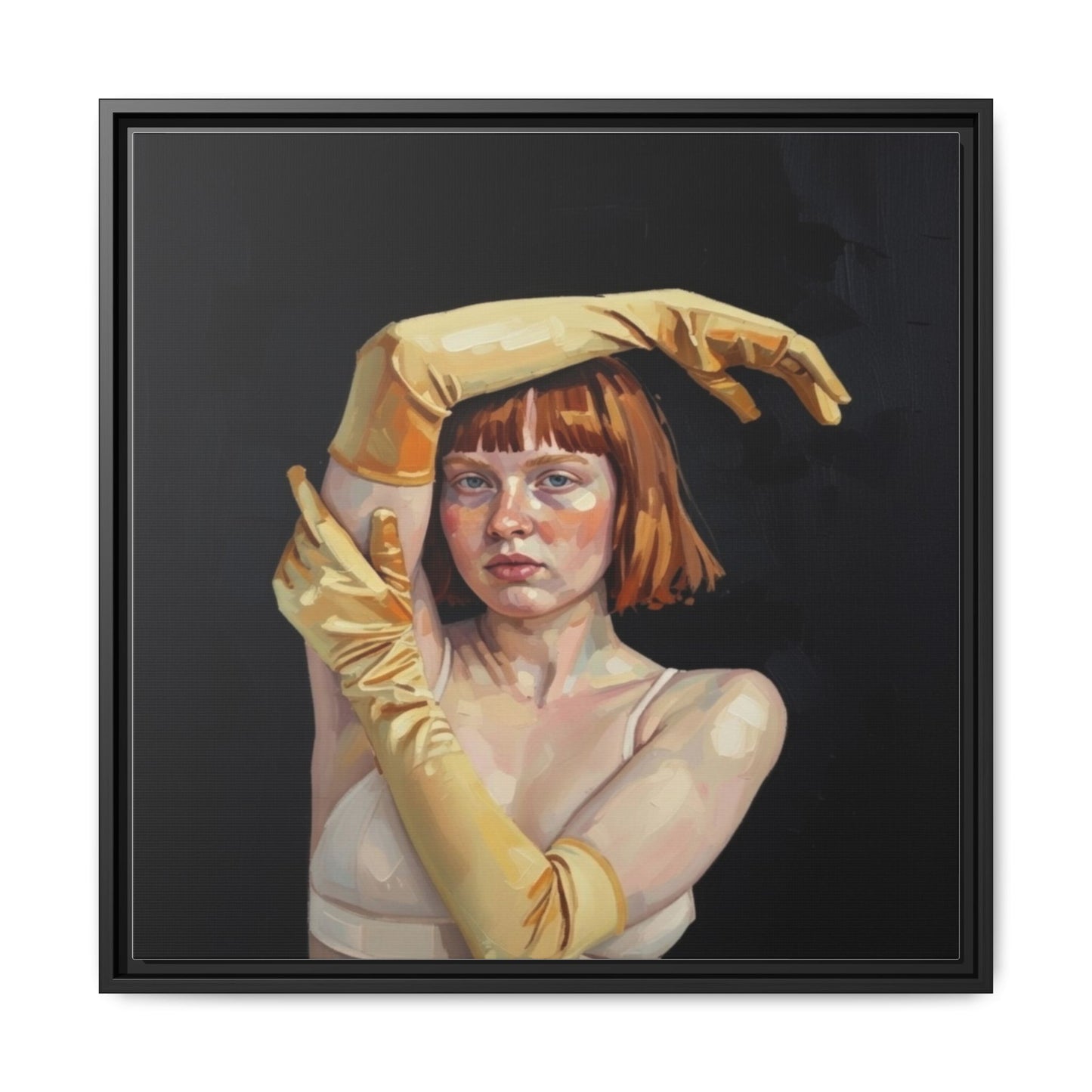 Framed Matte Canvas Art – Portrait of Woman in Yellow Gloves