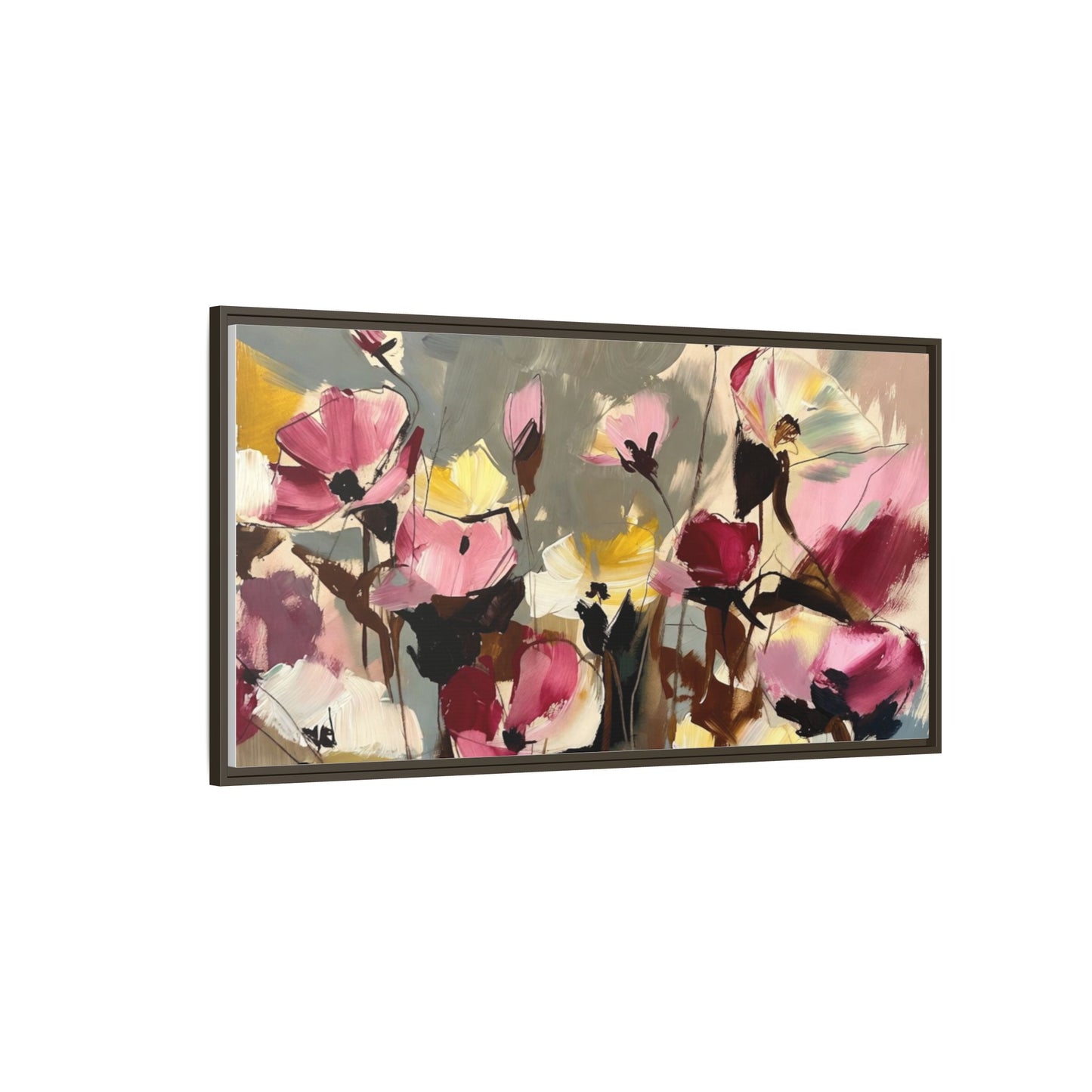Framed Floral Canvas Wall Art — Abstract Pink & Yellow Flowers