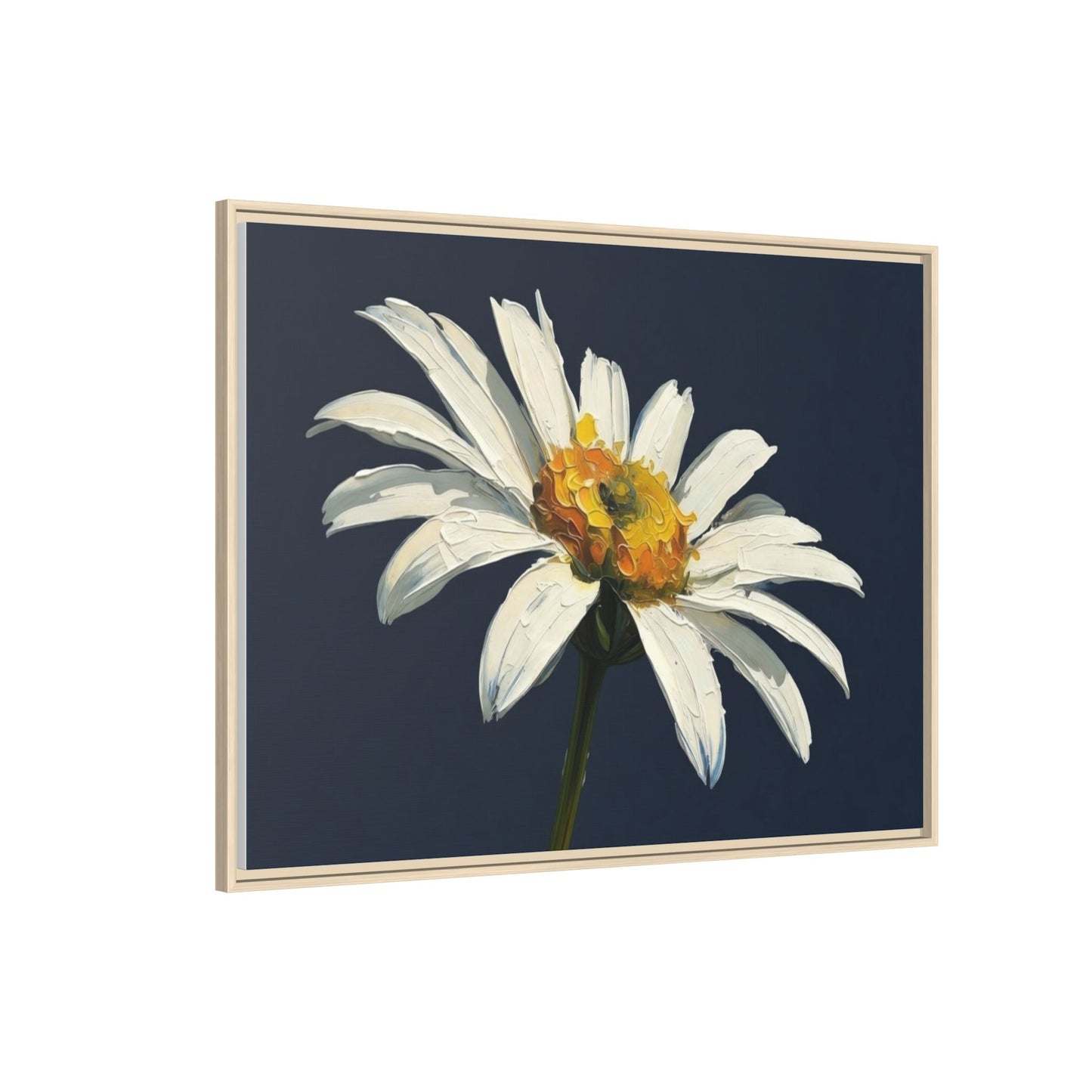 Framed Matte Canvas Daisy Wall Art — White Floral Painting on Navy