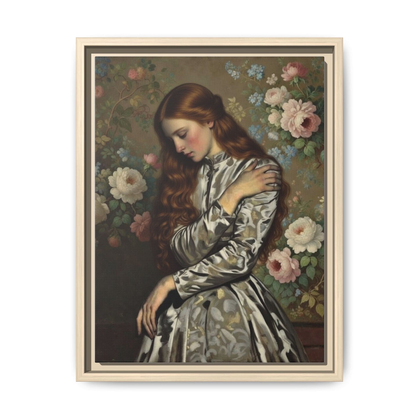 Framed Matte Canvas Art — Vintage Floral Portrait of a Young Woman