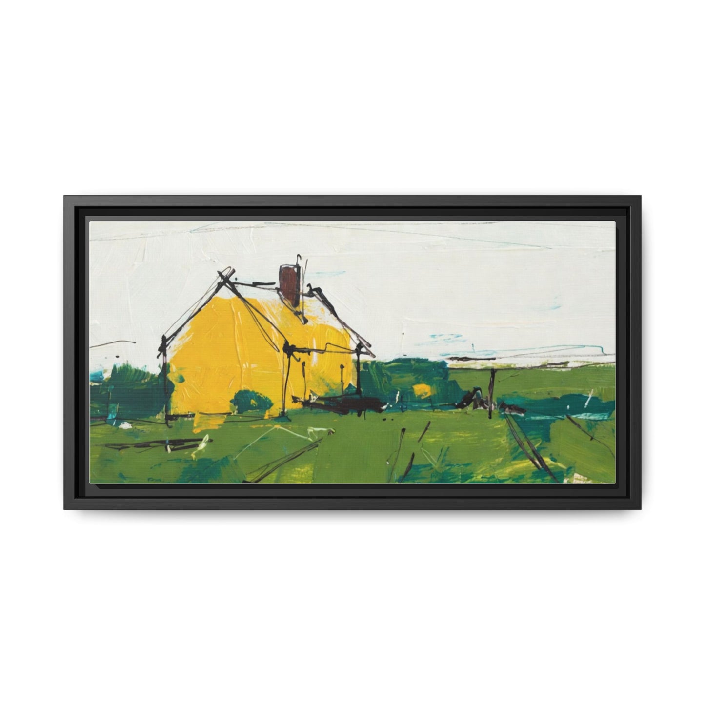 Yellow Cottage Landscape Framed Canvas Print