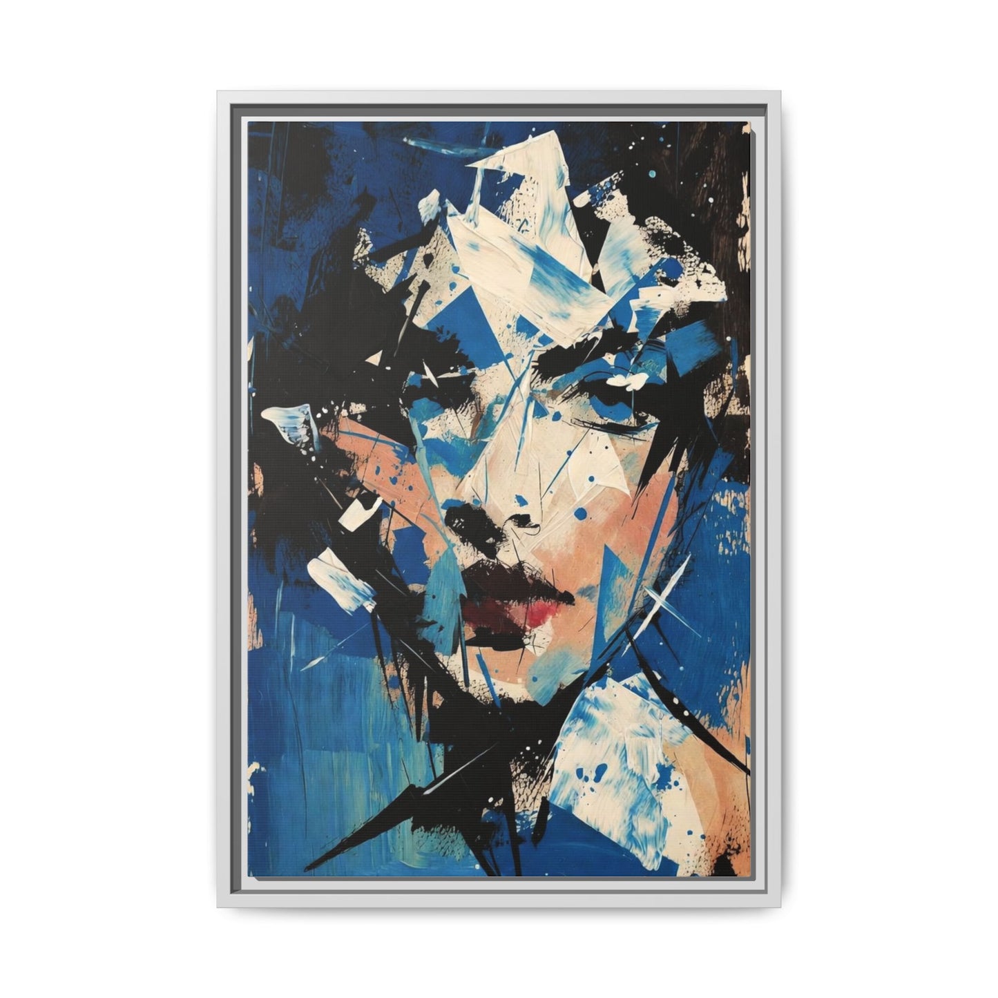 Abstract Portrait Matte Canvas Framed Wall Art — Blue Mixed-Media Face Print