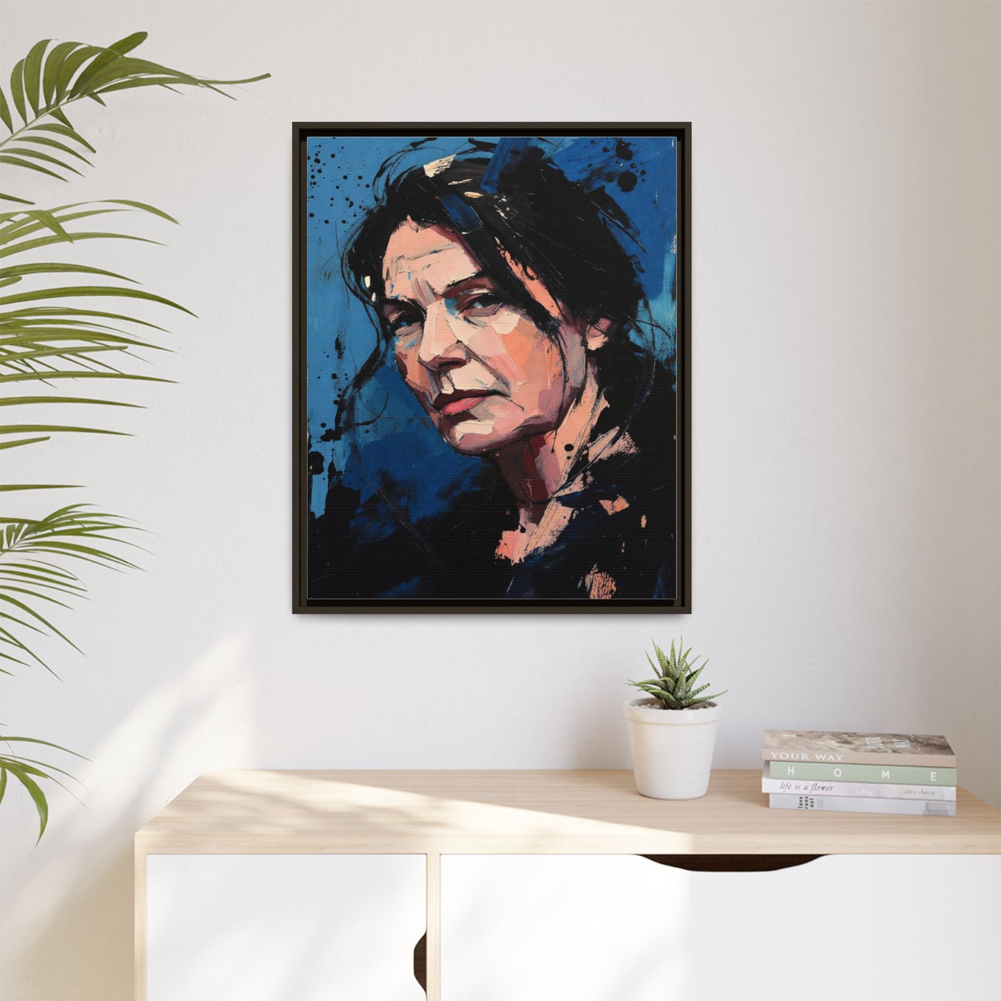 Framed Matte Canvas Portrait — Expressive Blue Painterly Woman Art