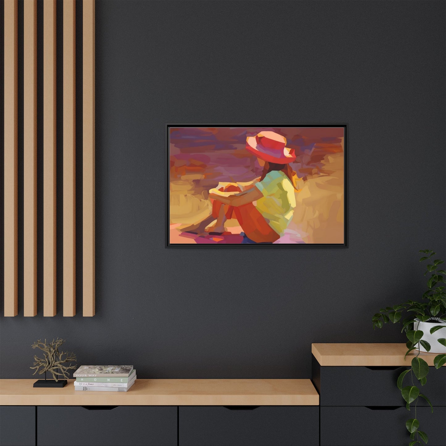 Framed Matte Canvas — Colorful Seated Girl Beach Art