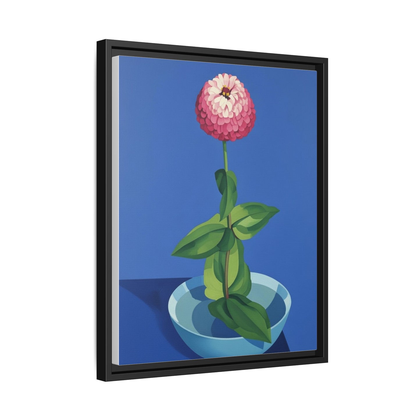 Framed Matte Canvas Art — Pink Zinnia in Blue Bowl (Botanical Still Life)