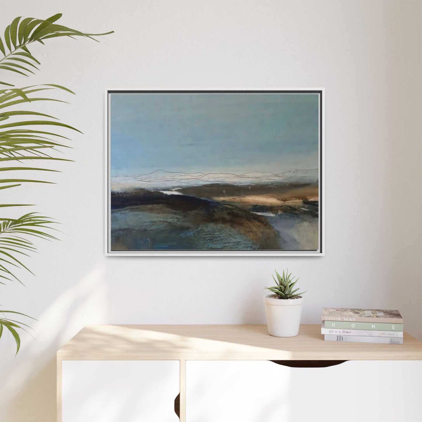Framed Matte Canvas Wall Art — Serene Abstract Blue Landscape