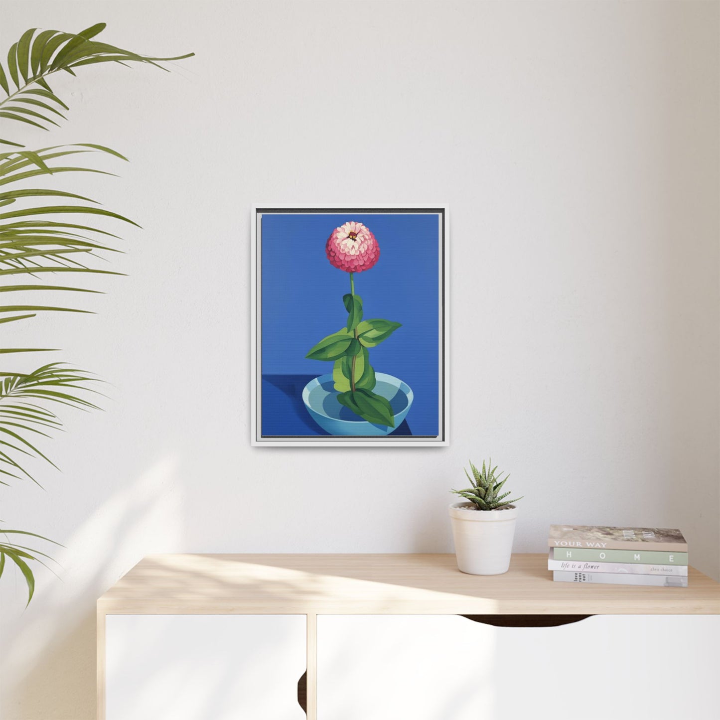Framed Matte Canvas Art — Pink Zinnia in Blue Bowl (Botanical Still Life)