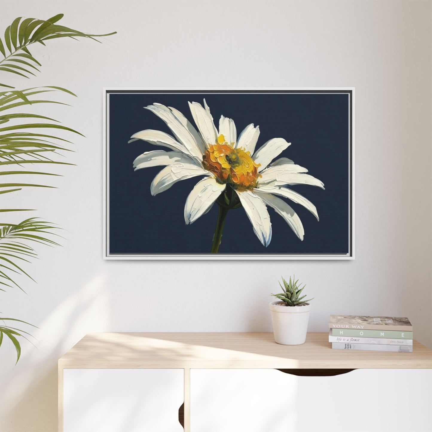 Framed Matte Canvas Daisy Wall Art — White Floral Painting on Navy