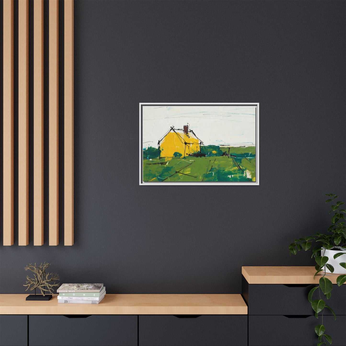Yellow Cottage Landscape Framed Canvas Print