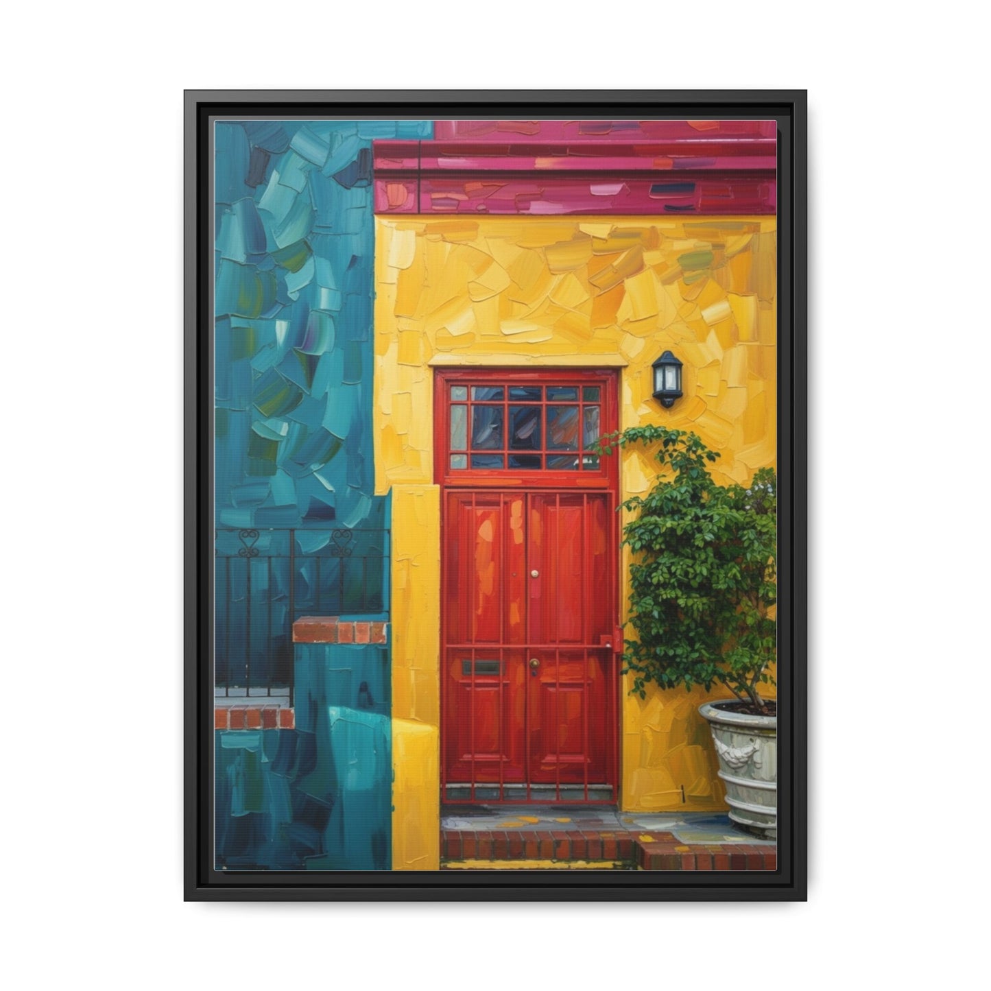 Framed Matte Canvas Wall Art — Colorful Red Door on Yellow Facade