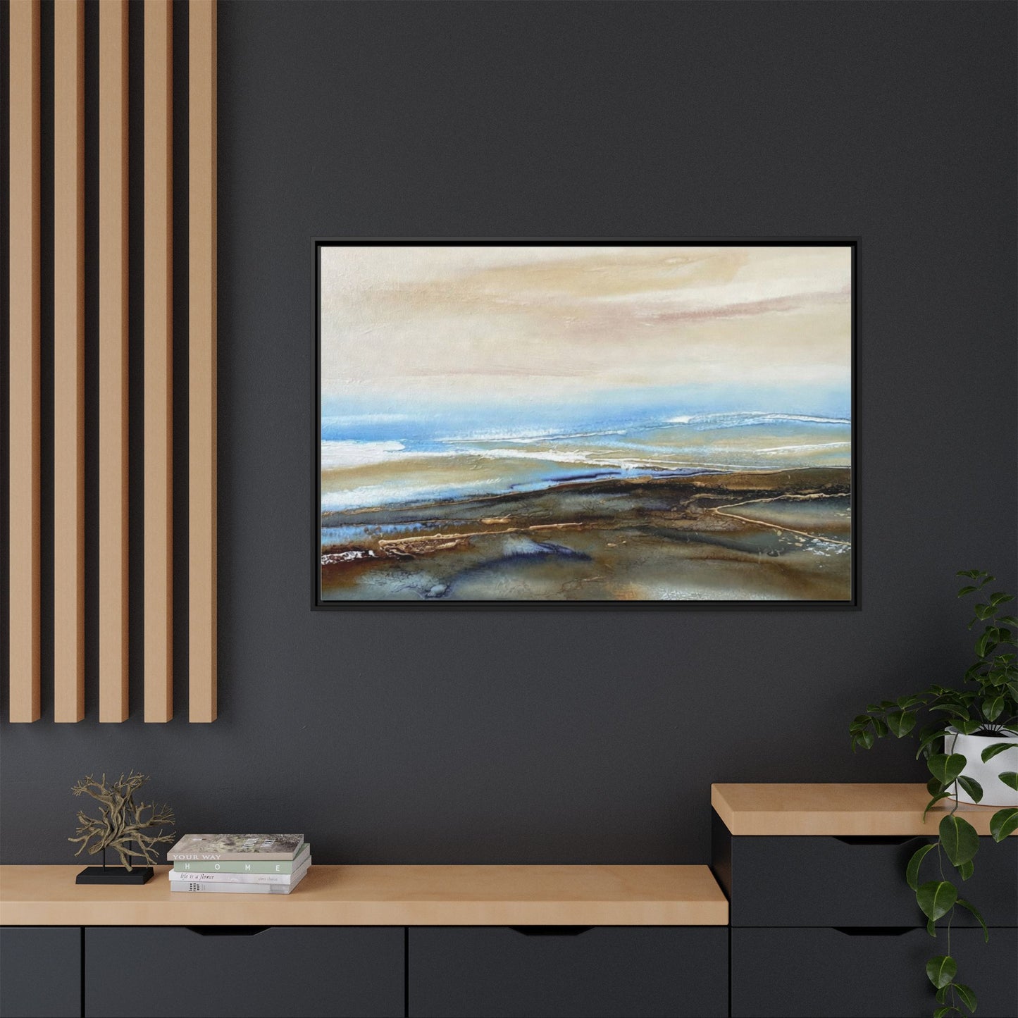 Framed Abstract Seascape Matte Canvas — Coastal Blue & Earth Tone Wall Art