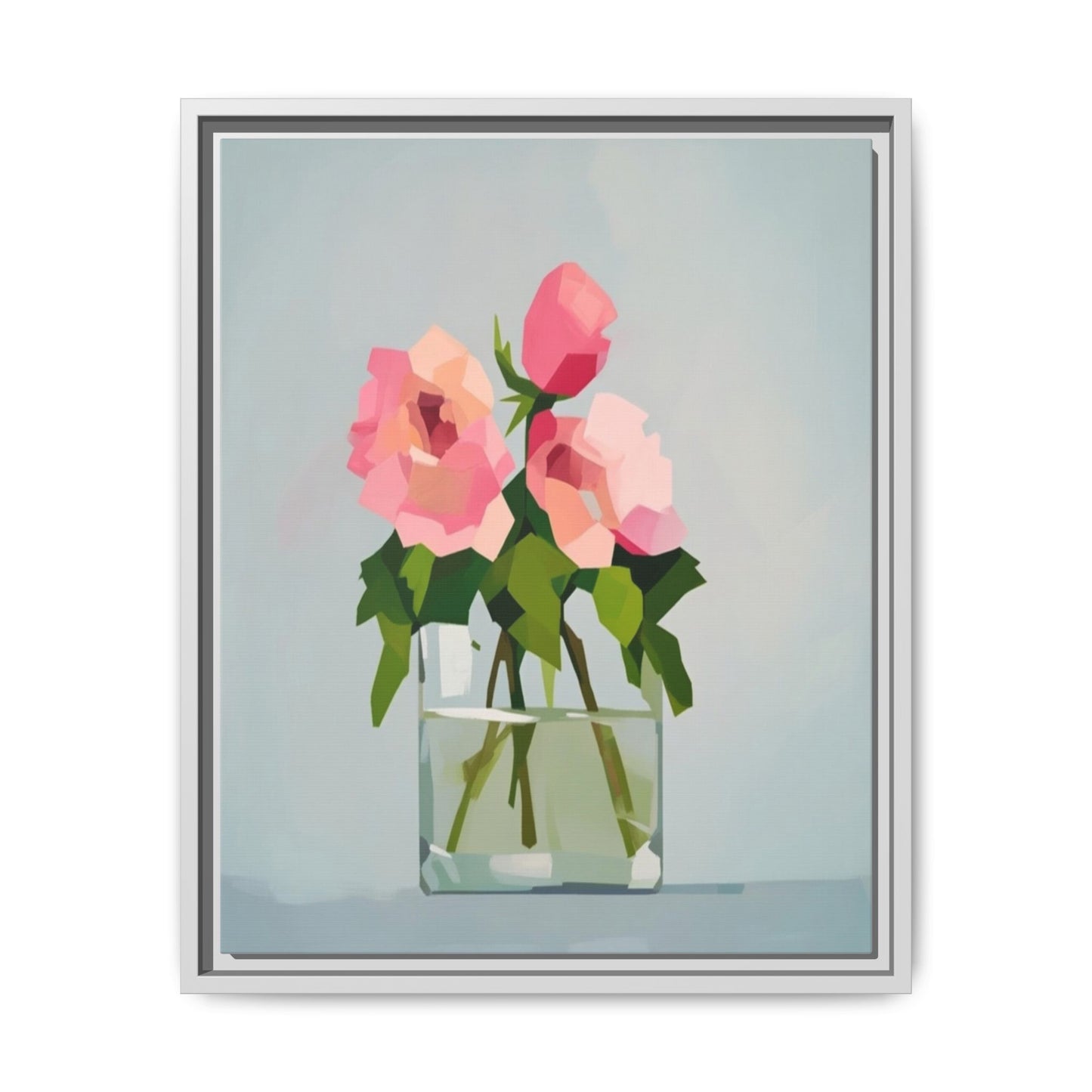 Framed Floral Canvas Print — Pink Roses in Glass Vase (Matte)