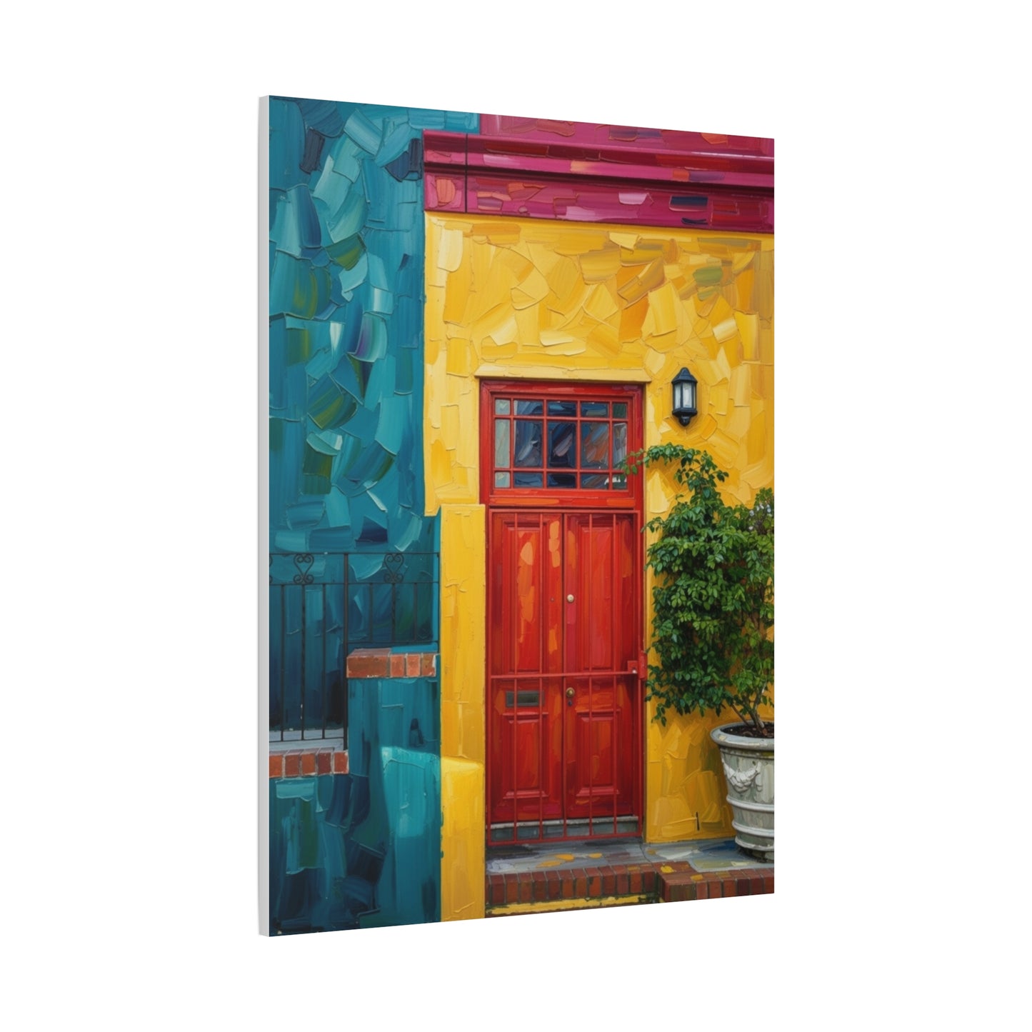 Colorful Doorway Canvas Wall Art — Vibrant Yellow & Teal Street Scene, Matte Stretched Print