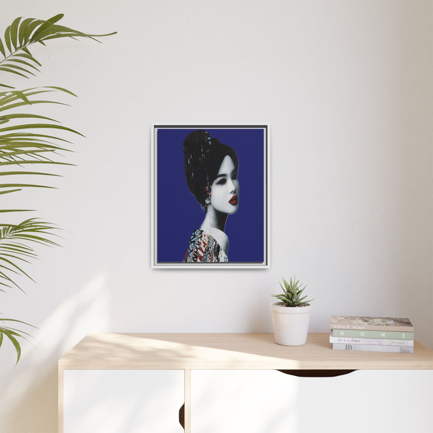 Framed Matte Canvas Art — Elegant Geisha Portrait on Deep Blue