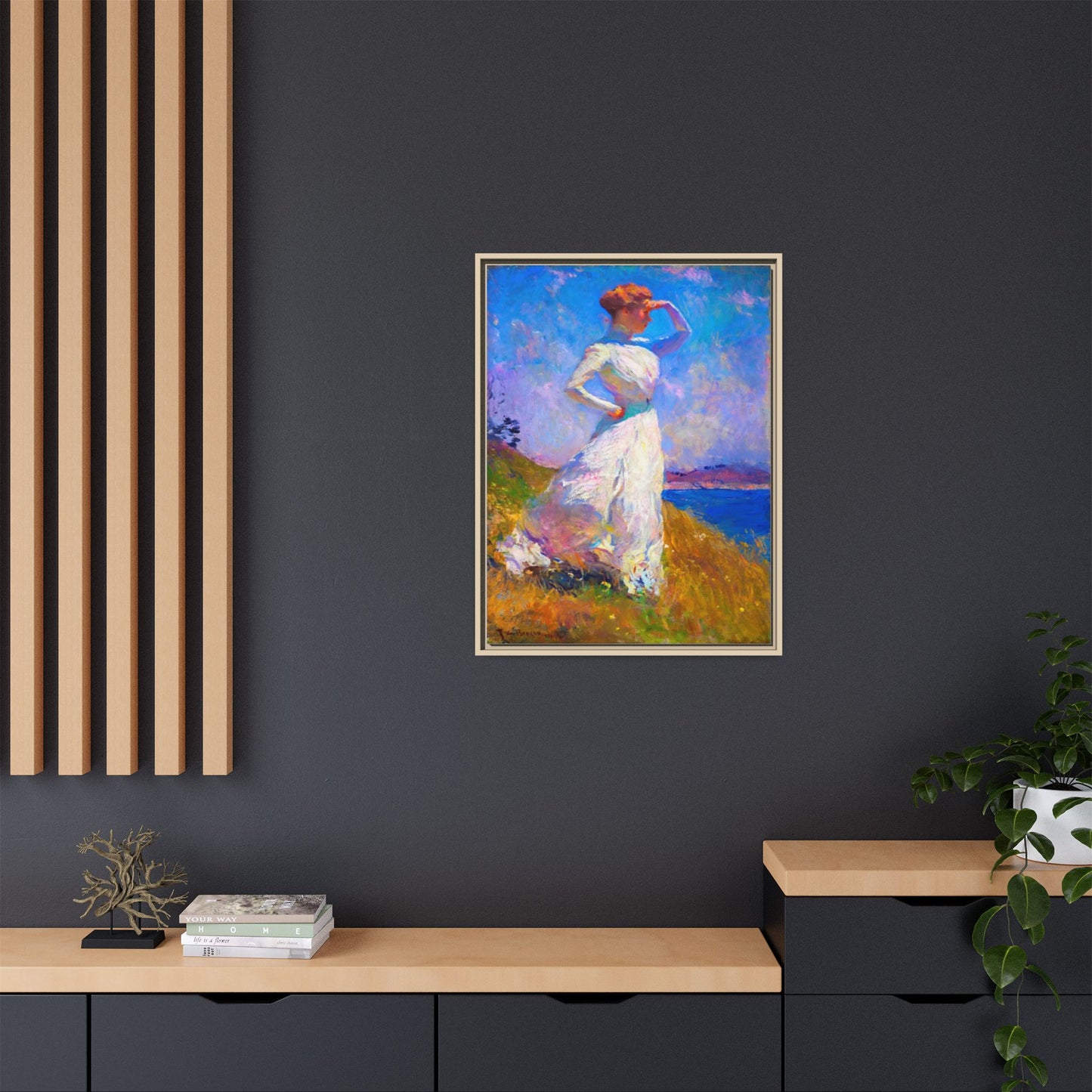 Framed Matte Canvas Art - Woman in White Seaside Impressionist Print