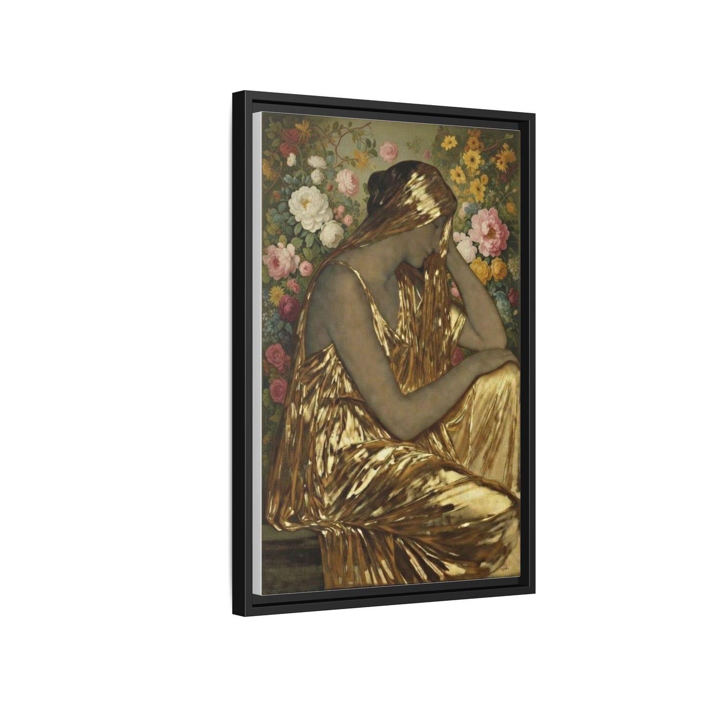 Framed Canvas Art Print — Golden Muse Woman with Floral Background