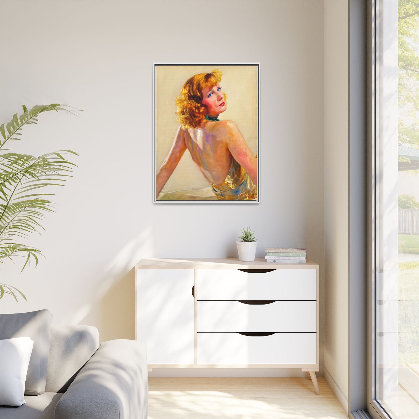 Framed Matte Canvas Print — Vintage Portrait of Redhead Greta Garbo in Gold Dress