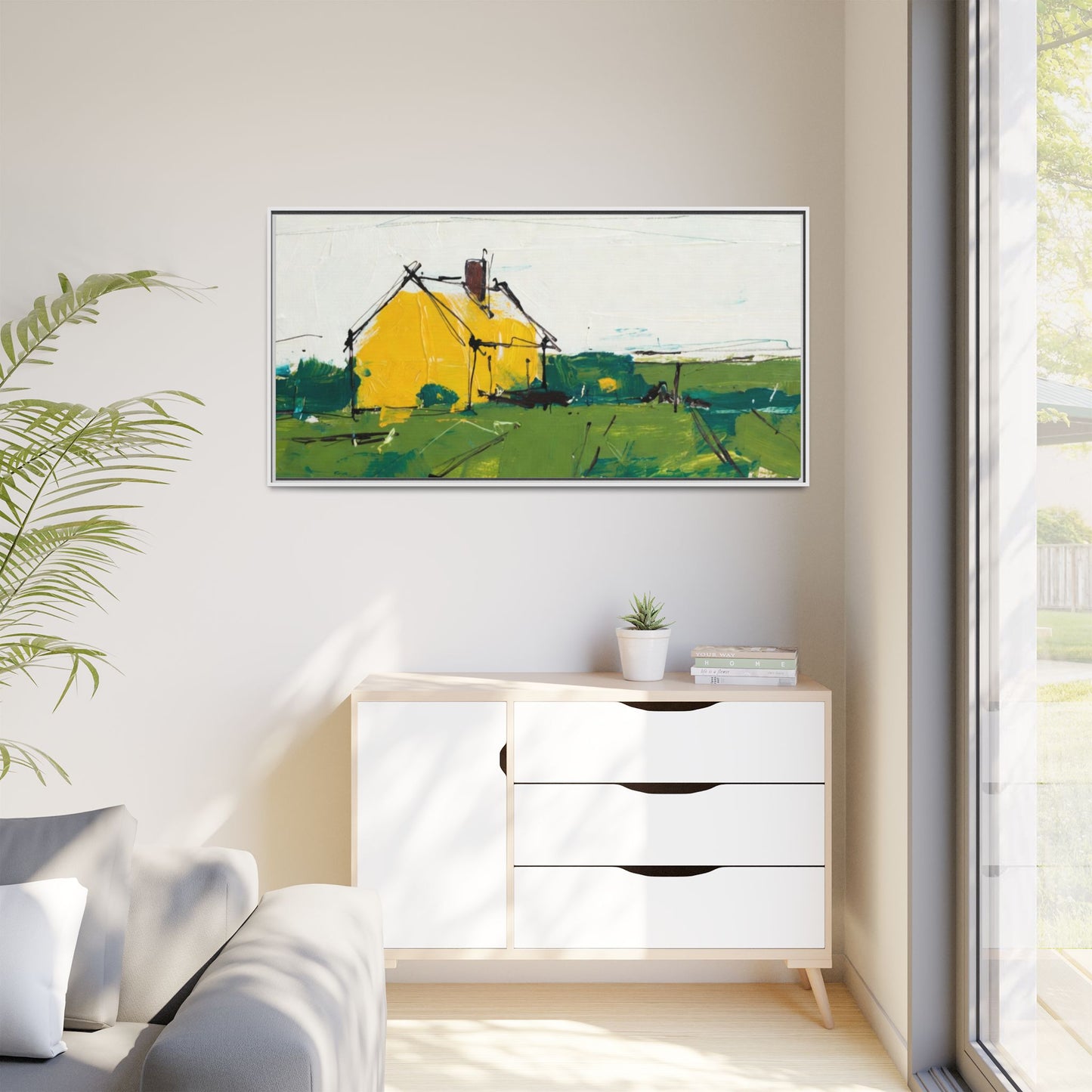 Yellow Cottage Landscape Framed Canvas Print