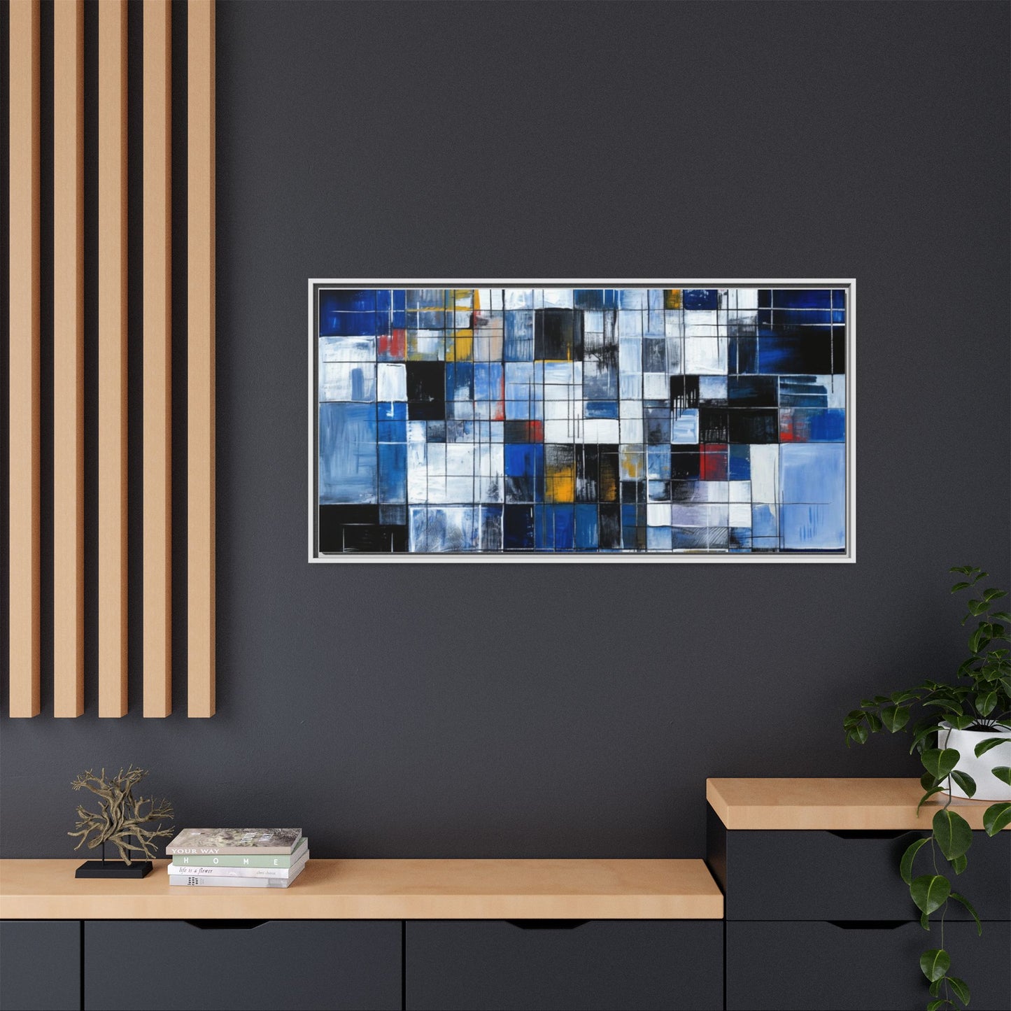 Abstract Blue Grid Matte Canvas Framed Art Print