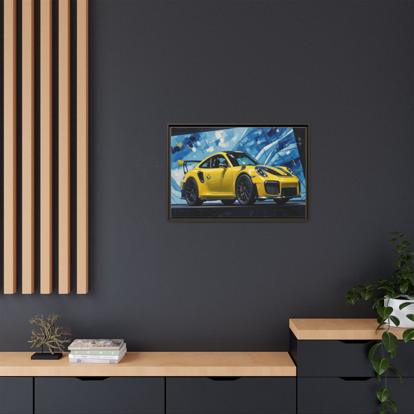 Yellow Porsche Sports Car Matte Framed Canvas – Modern Automotive Wall Art