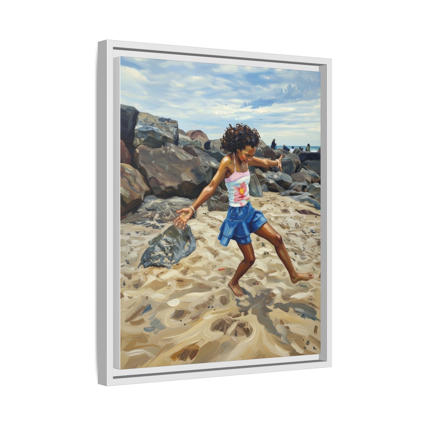 Framed Canvas Art - Girl Dancing on the Beach (Matte Multi-Color)