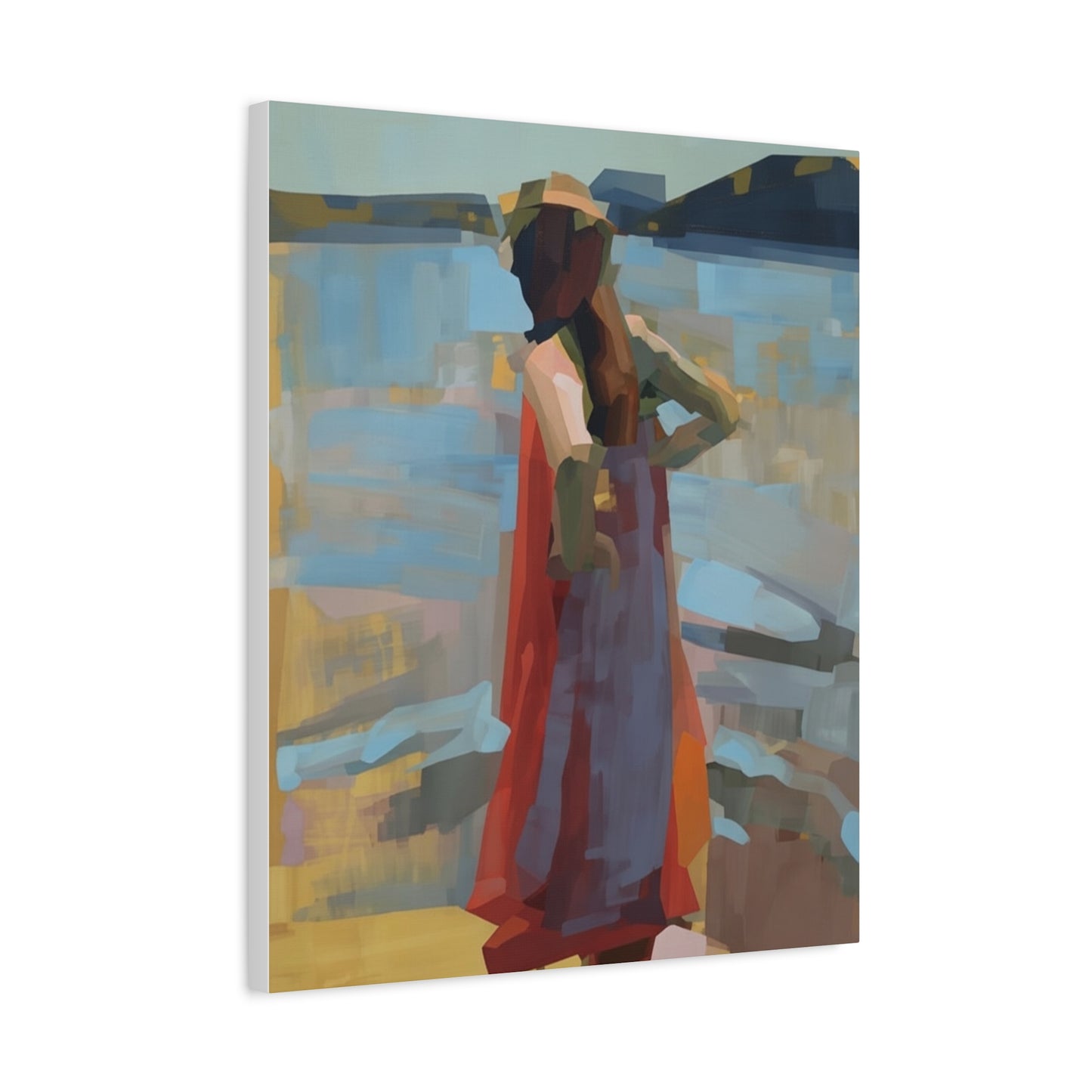 Coastal Stroll Matte Canvas Print — Abstract Woman in Red Dress, Stretched 1.25"