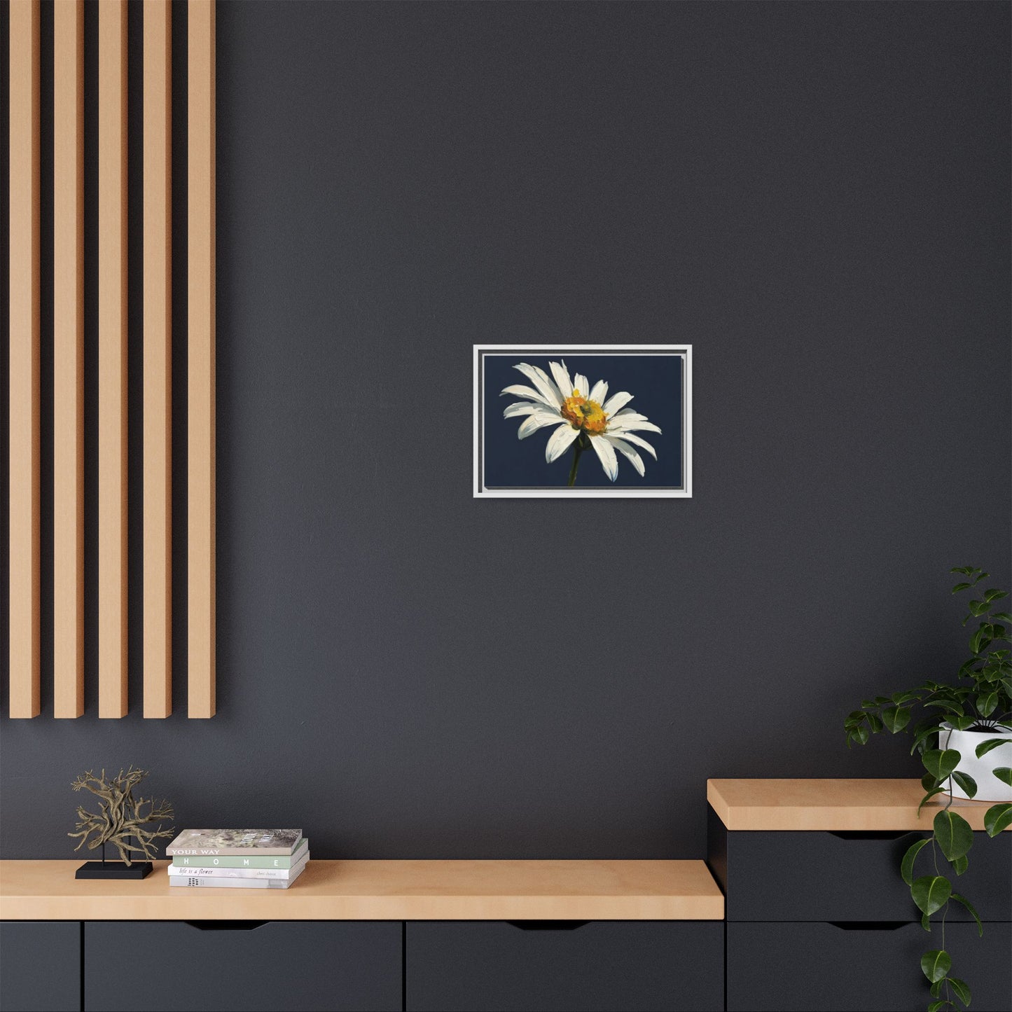 Framed Matte Canvas Daisy Wall Art — White Floral Painting on Navy
