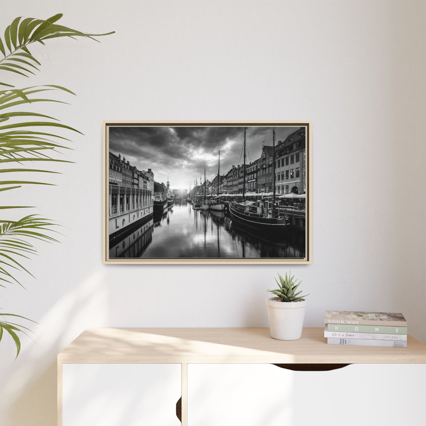 Framed Matte Canvas: Black & White Dutch Canal Photography Wall Art