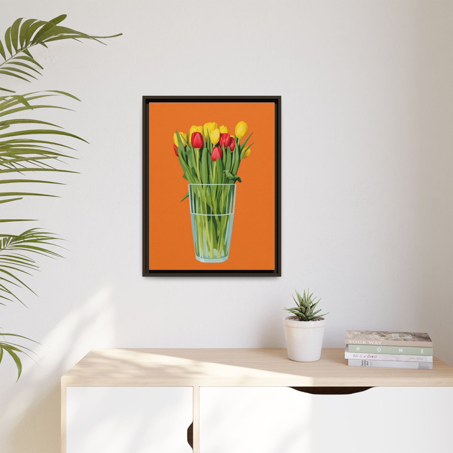 Framed Tulip Canvas Print — Colorful Tulips in Glass Vase
