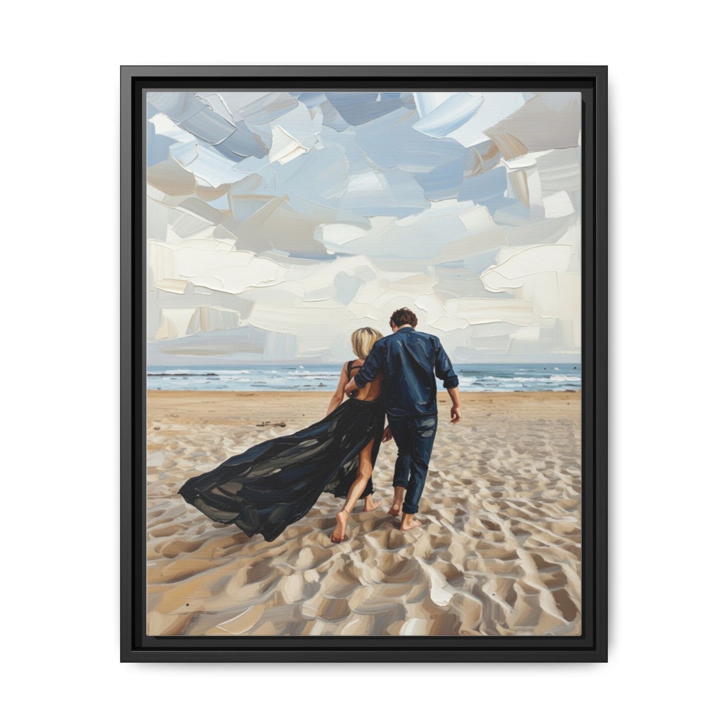 Framed Canvas Wall Art — Romantic Couple Walking on Beach Print