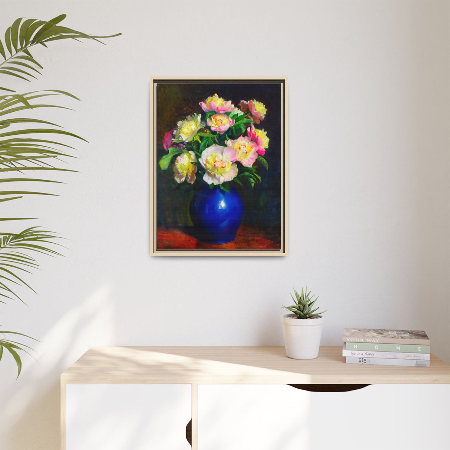 Framed Matte Canvas Wall Art — Vintage Floral Bouquet in Blue Vase