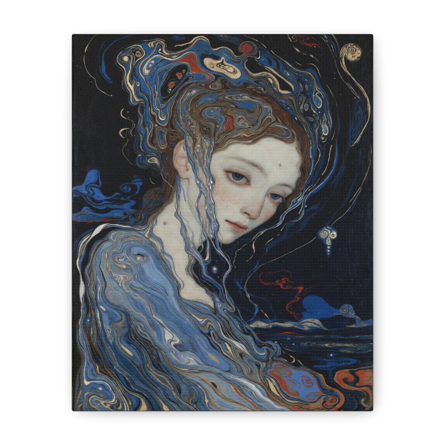 Ethereal Siren Matte Canvas Wall Art — Surreal Blue Portrait, Stretched 1.25"