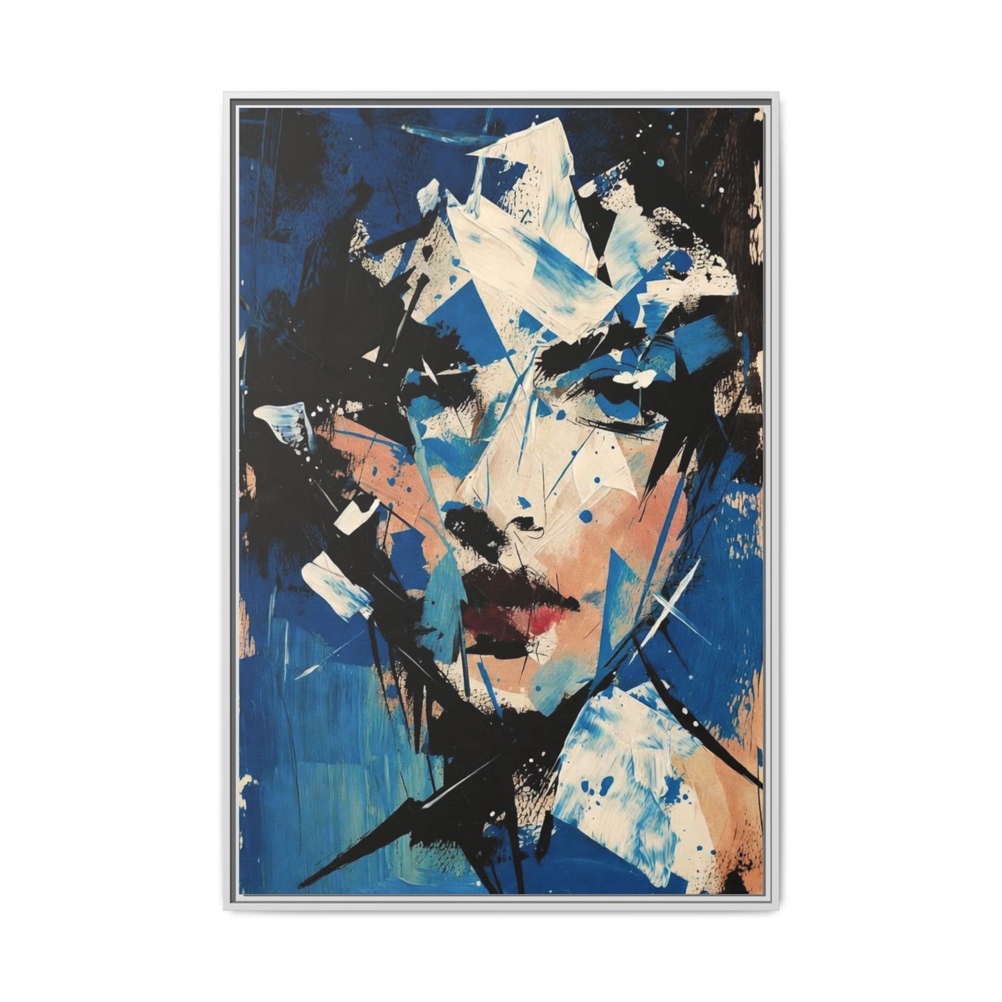 Abstract Portrait Matte Canvas Framed Wall Art — Blue Mixed-Media Face Print