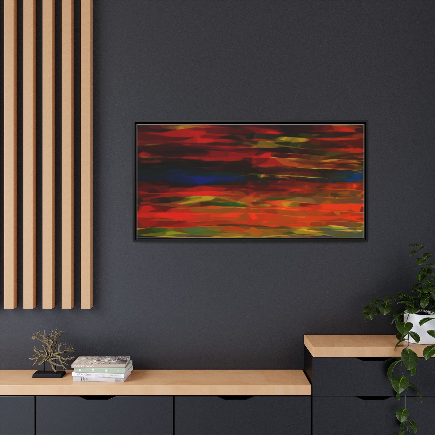 Abstract Multi-Color Matte Canvas Framed Wall Art — Bold Red & Blue Modern Painting