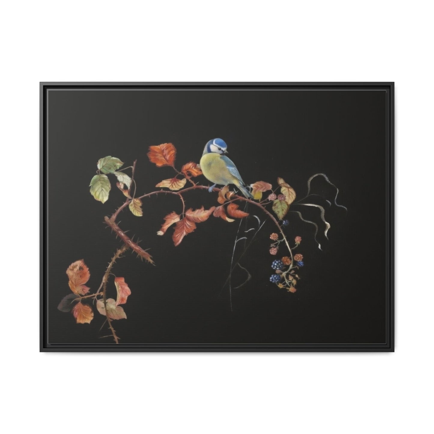 Framed Matte Canvas - Blue Tit on Autumn Branch Wall Art