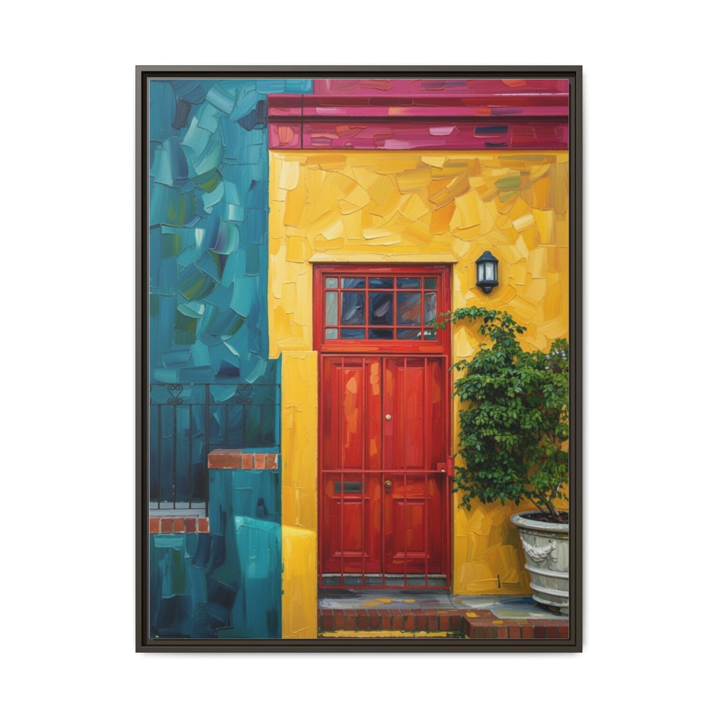 Framed Matte Canvas Wall Art — Colorful Red Door on Yellow Facade