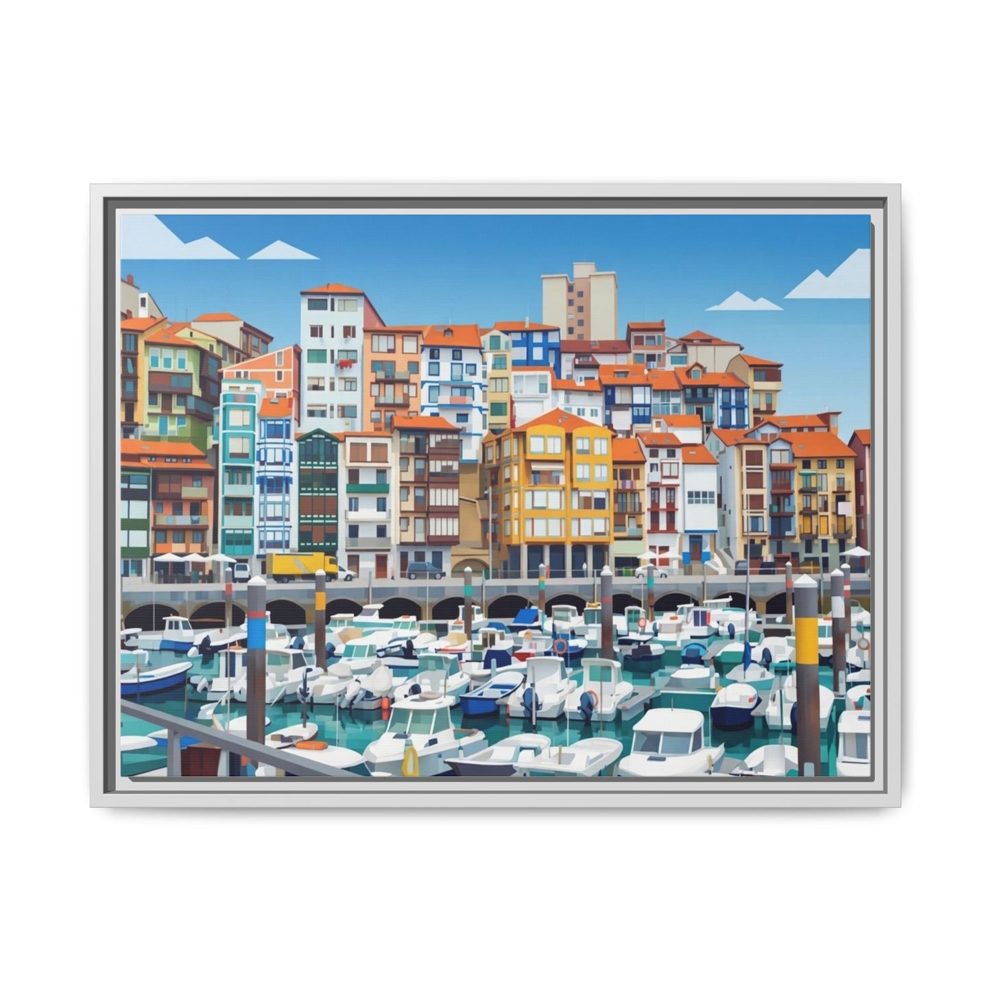 Framed Matte Canvas Print — Colorful Mediterranean Harbor Illustration