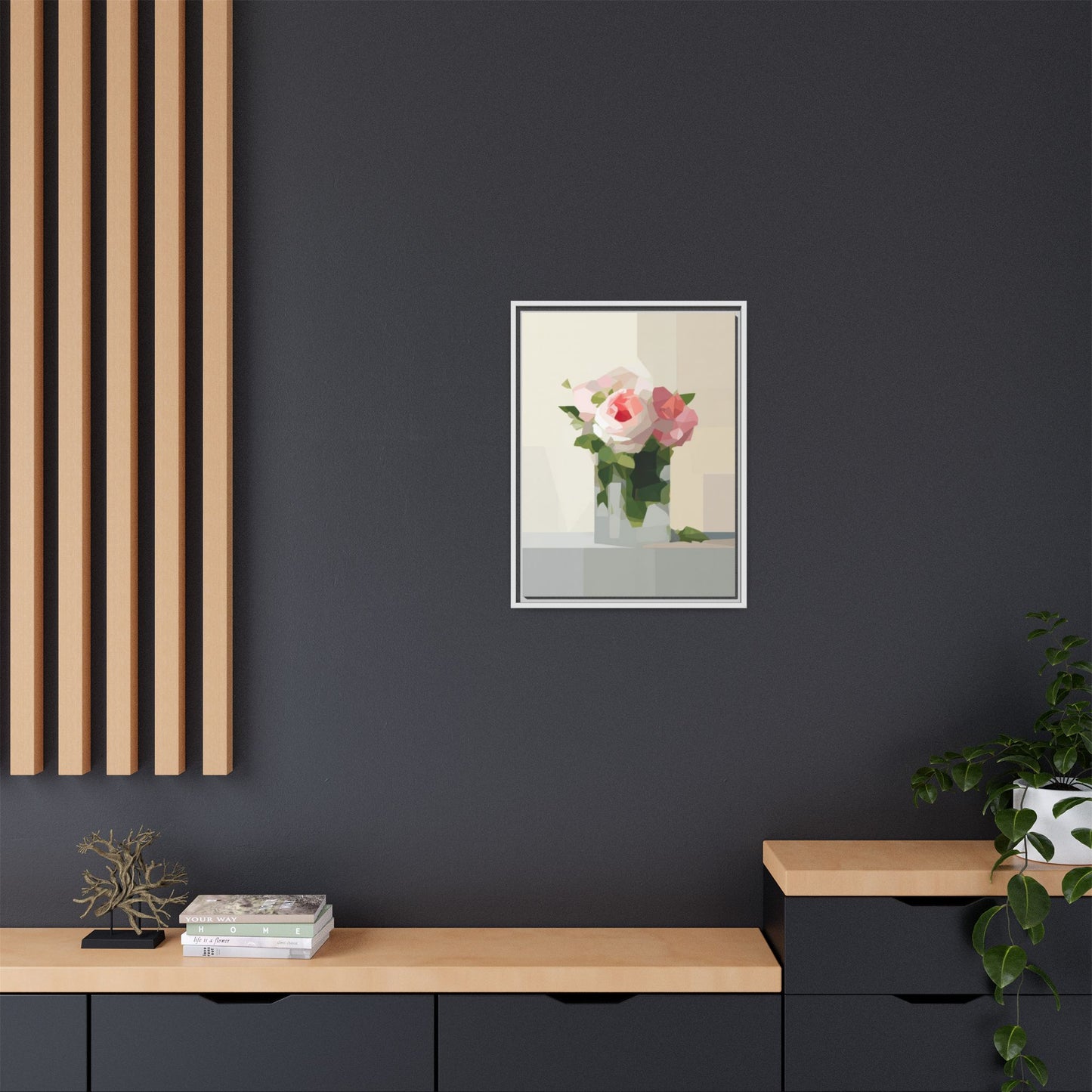 Framed Floral Canvas Print — Geometric Pink Rose Wall Art