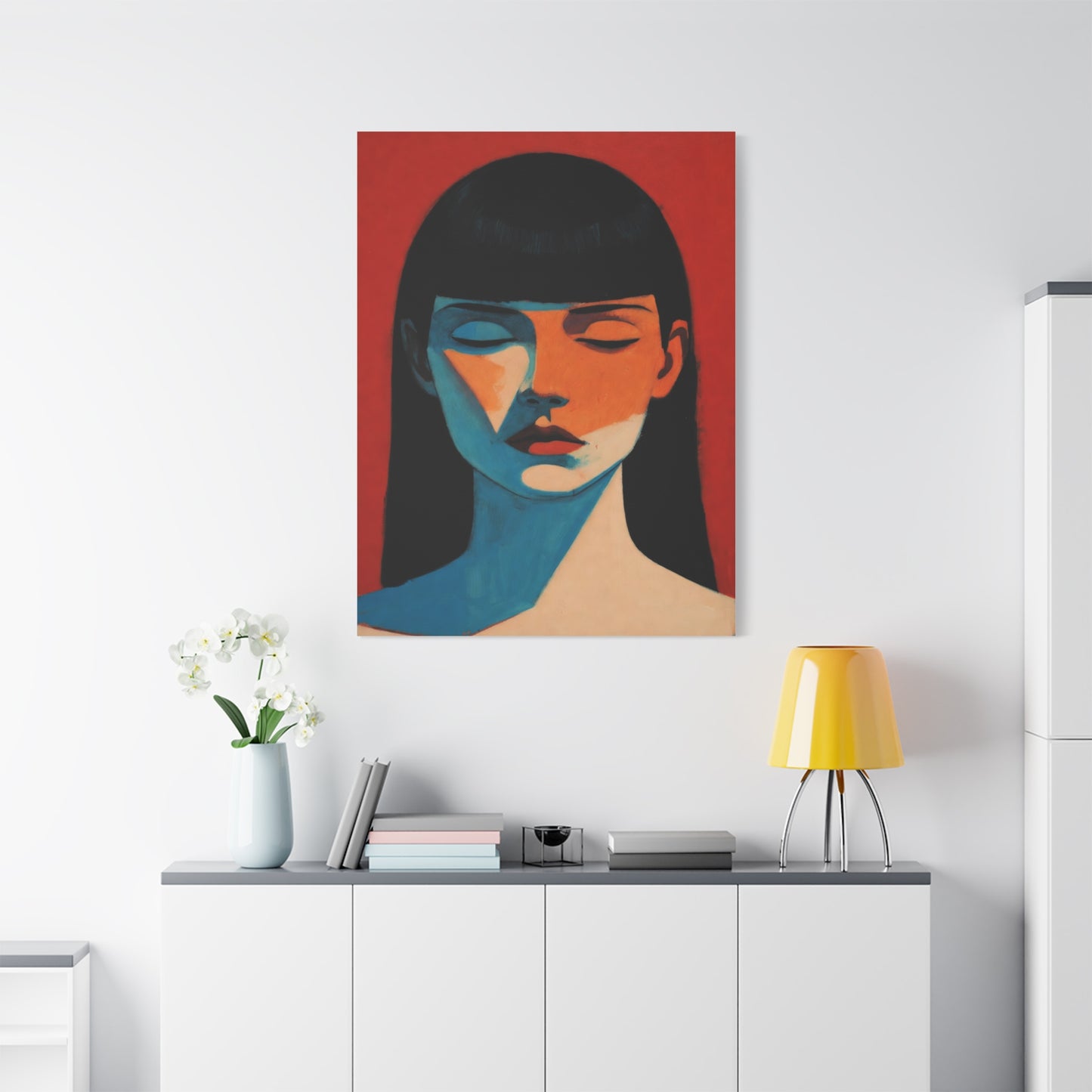 Portrait Canvas Wall Art — Modern Minimalist Woman in Red & Blue