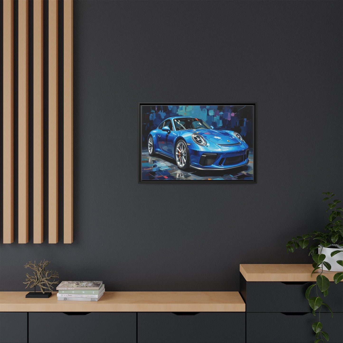 Blue Sports Car Matte Canvas Framed Print — Modern Automotive Wall Art